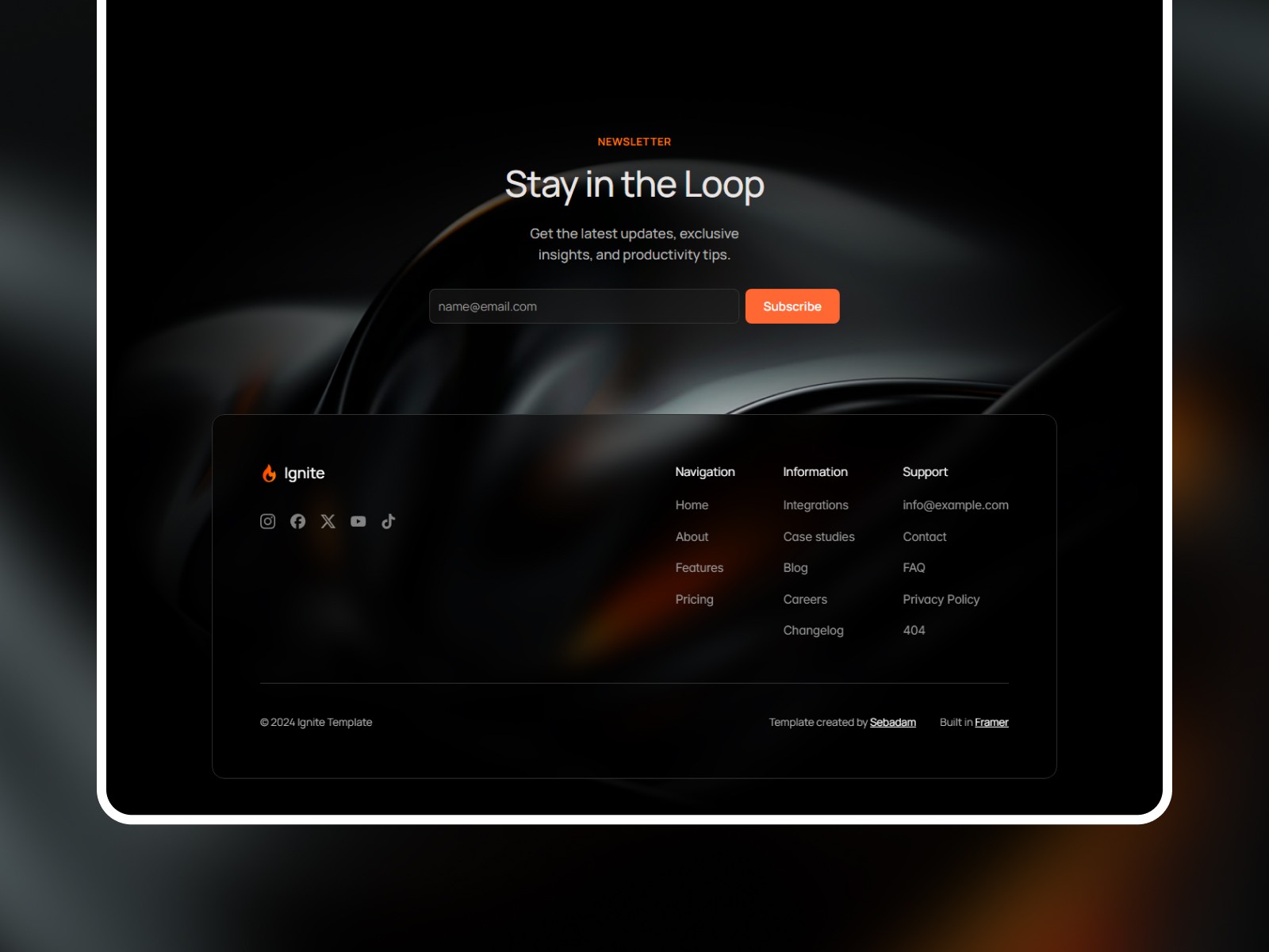 Ignite newsletter signup section and footer with orange accents
