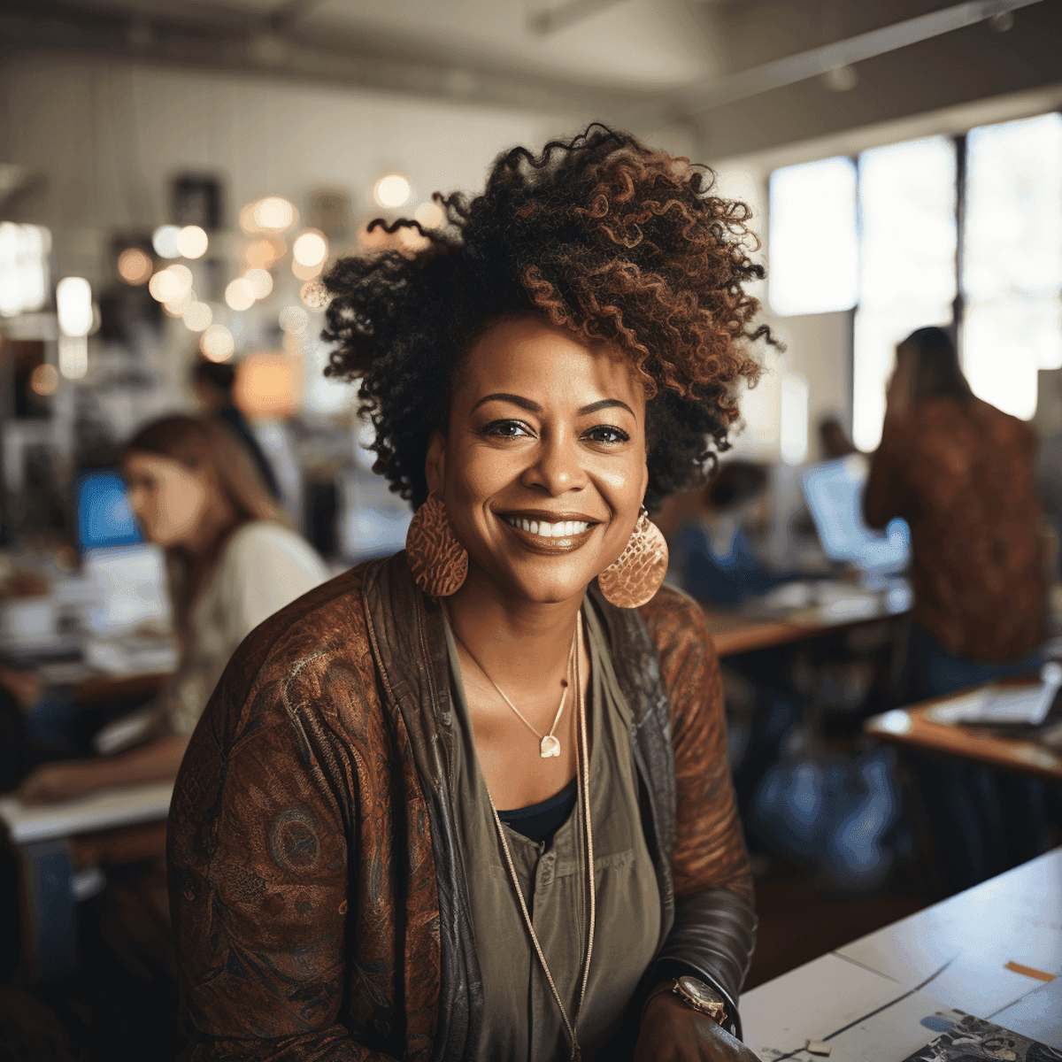 A woman with curly hair sitting at a desk, focused on her work with a laptop and notepad in front of her.
