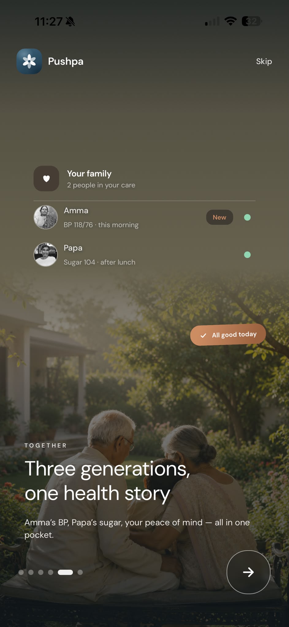 Pushpa onboarding screen: Three generations, one health story
