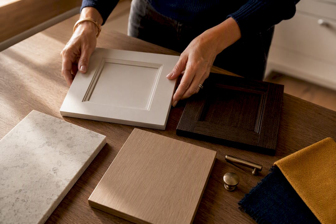 Hands arranging kitchen finish samples