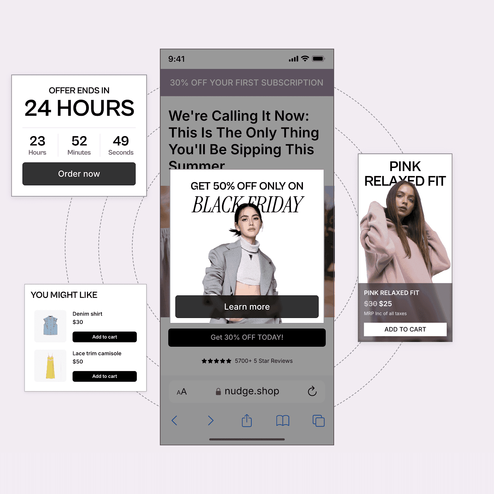 Mobile interface showcasing a Black Friday sale with 50% off, countdown timer, and product suggestions.