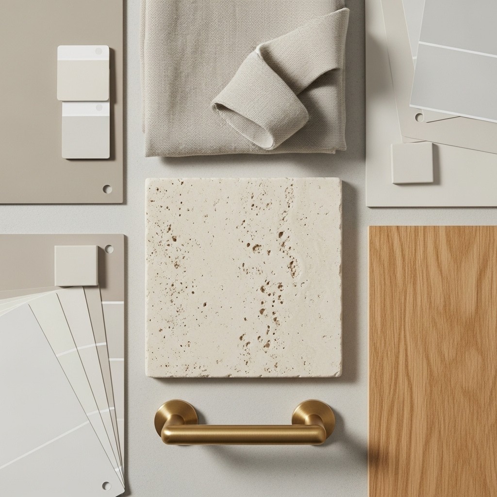 Materials moodboard featuring travertine stone, oak wood tones, and soft neutral textiles.