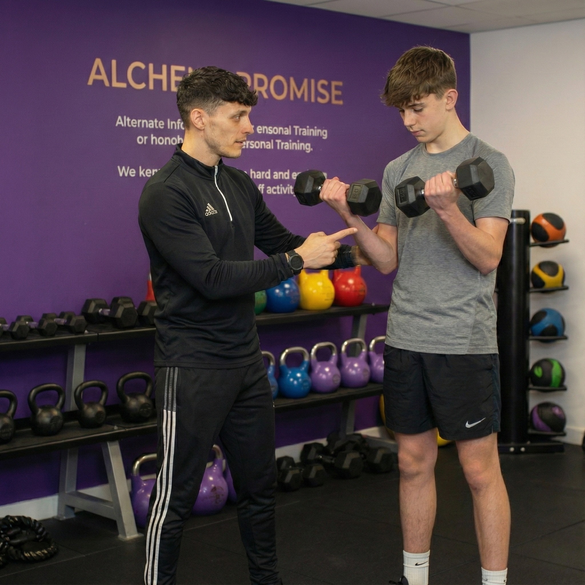 Alt text: A personal trainer in black workout attire is teaching a kid in a gray shirt how to lift dumbbells and gain strength.
