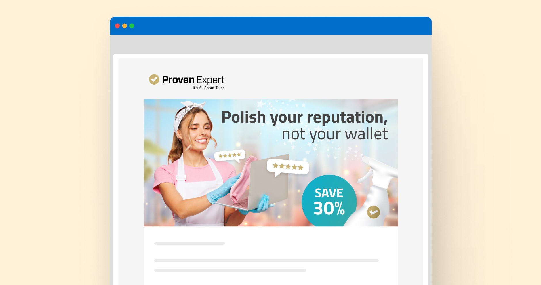 Browser mockup of a promo email: "Polish your reputation, not your wallet" with a cleaner holding a laptop and a SAVE 30 % circle.