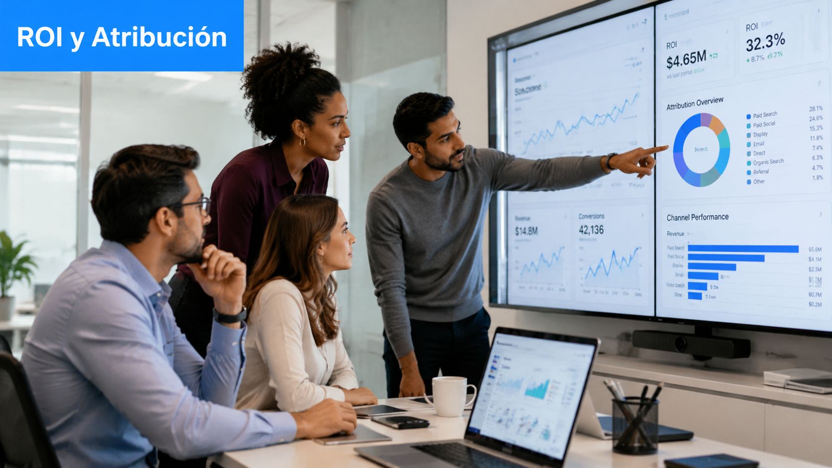 Un equipo de profesionales analizando métricas de marketing y ROI en un panel de control digital interactivo.
