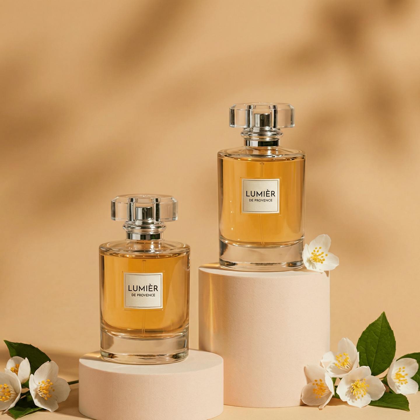 Two amber perfume bottles on pink stands with jasmine flowers.