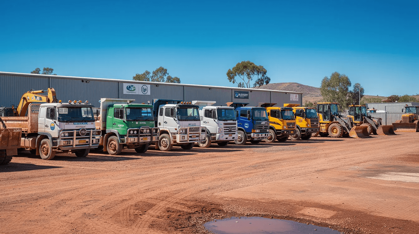 The image depicts a row of commercial trucks and heavy equipment parked in an Australian industrial yard, showcasing the diverse machinery used in various businesses. This scene reflects the operational aspect of small businesses, which may face challenges such as tax debts and financial hardship.