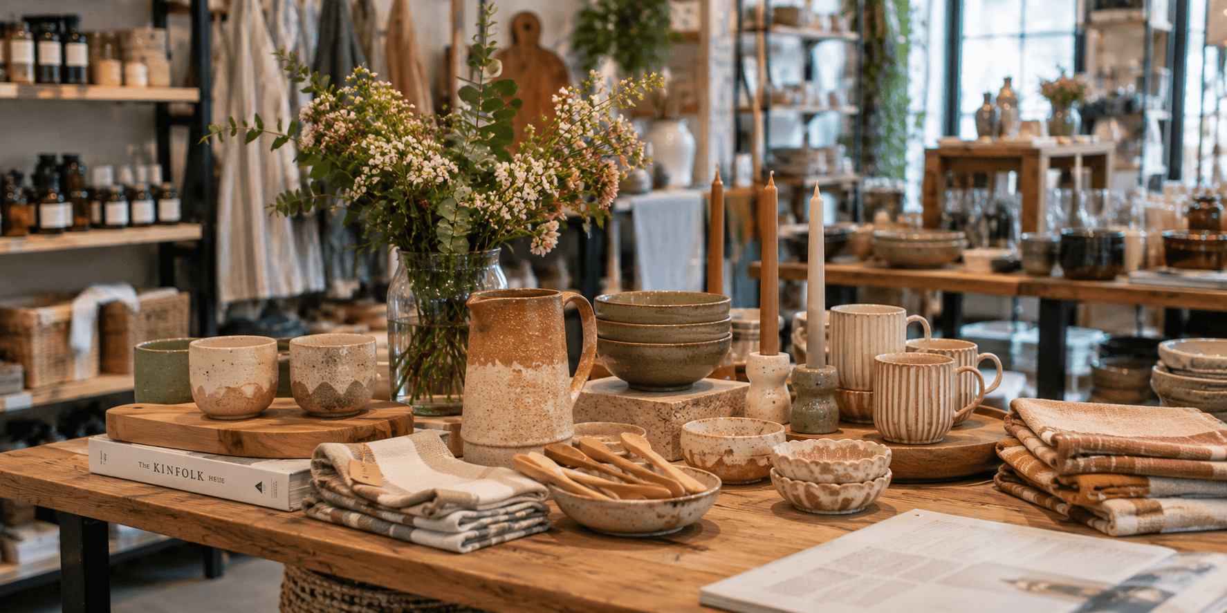 Curated homeware collection featuring ceramic mugs, bowls, candles and textiles displayed on a wooden table in an independent boutique