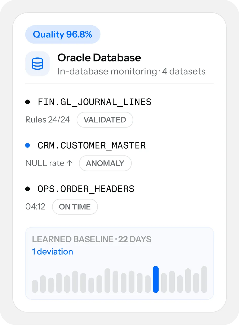 Digna dashboard showing in-database Oracle monitoring across 4 datasets: validated rules, a NULL rate anomaly, and on-time delivery.