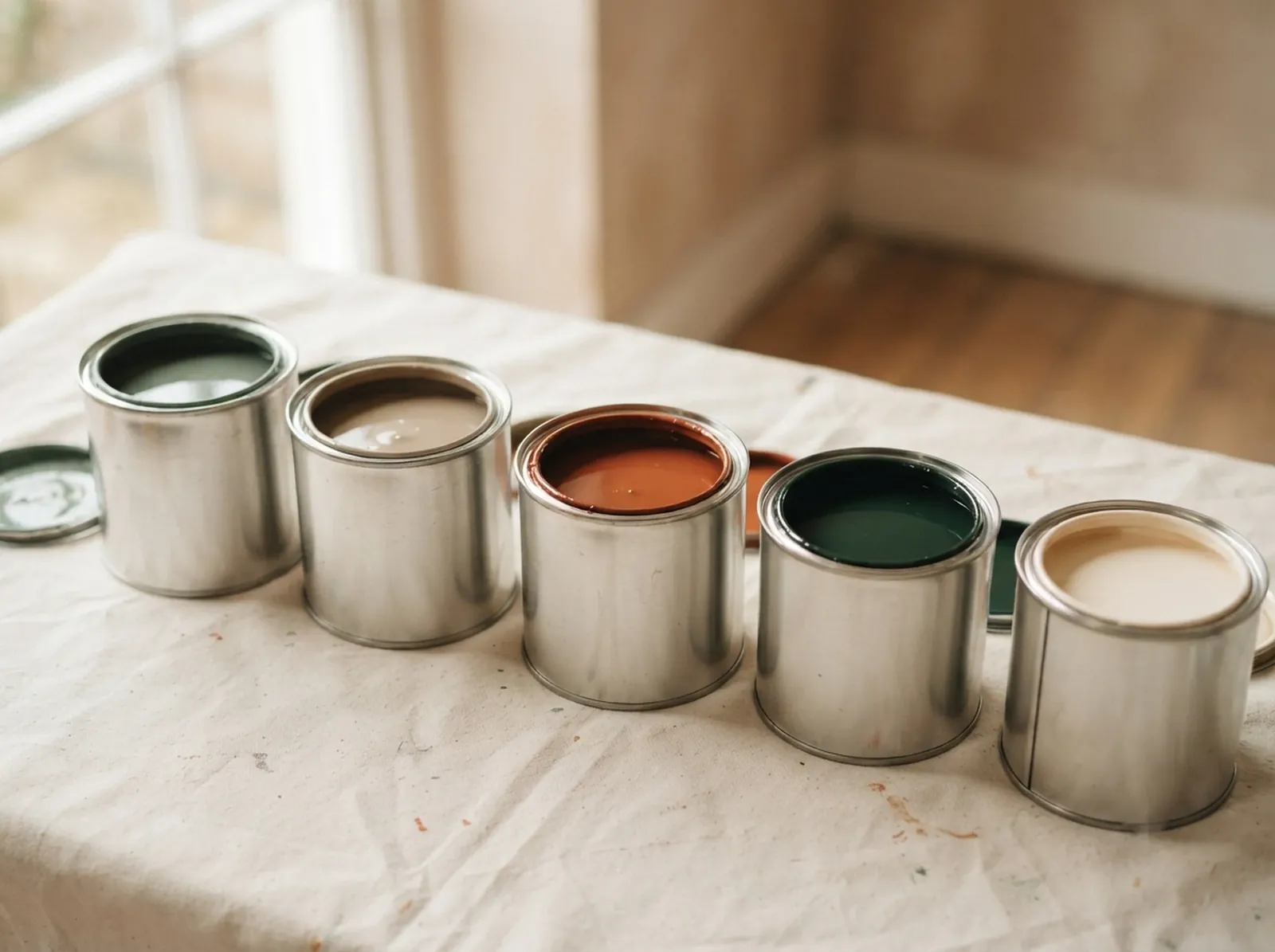 A row of open paint tins in sage, stone, terracotta, forest green and warm white