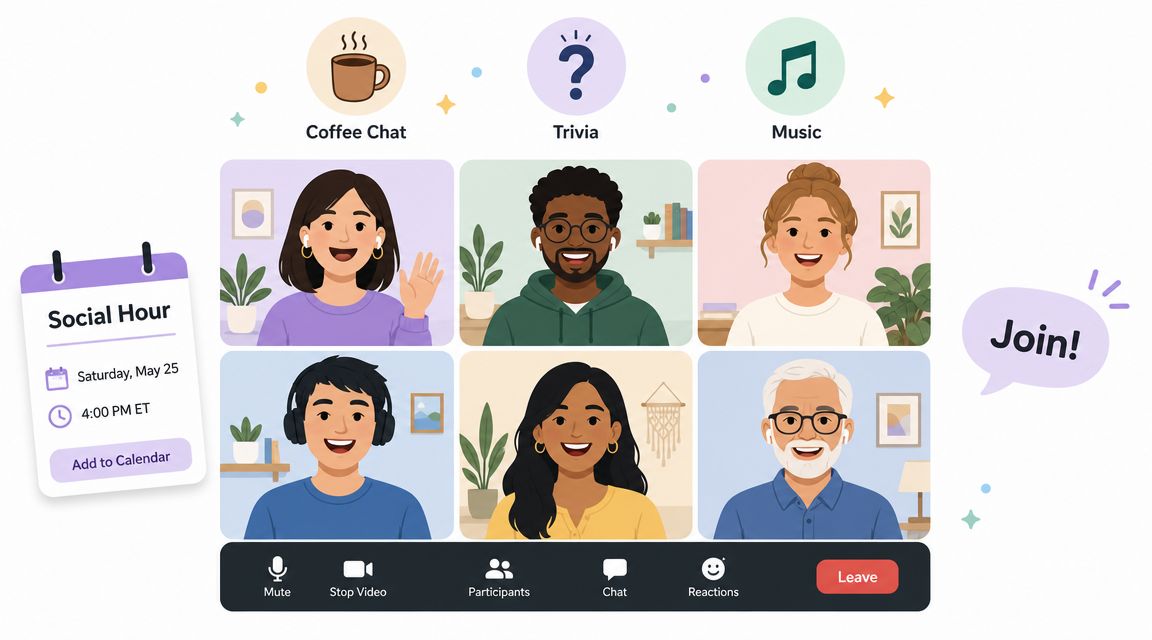 A diverse group of people participating in an online social hour video call with various activity icons.