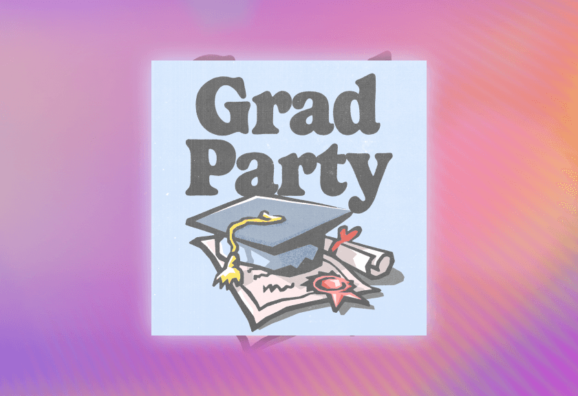 Sparkly pink Y2K-themed graduation party invite with heart frames, glitter, and playful “Grad Party” text.