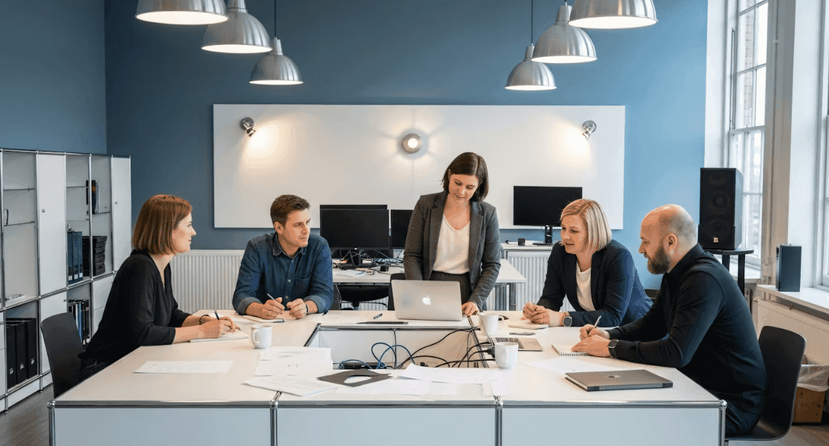 Team meeting in a bright open office space