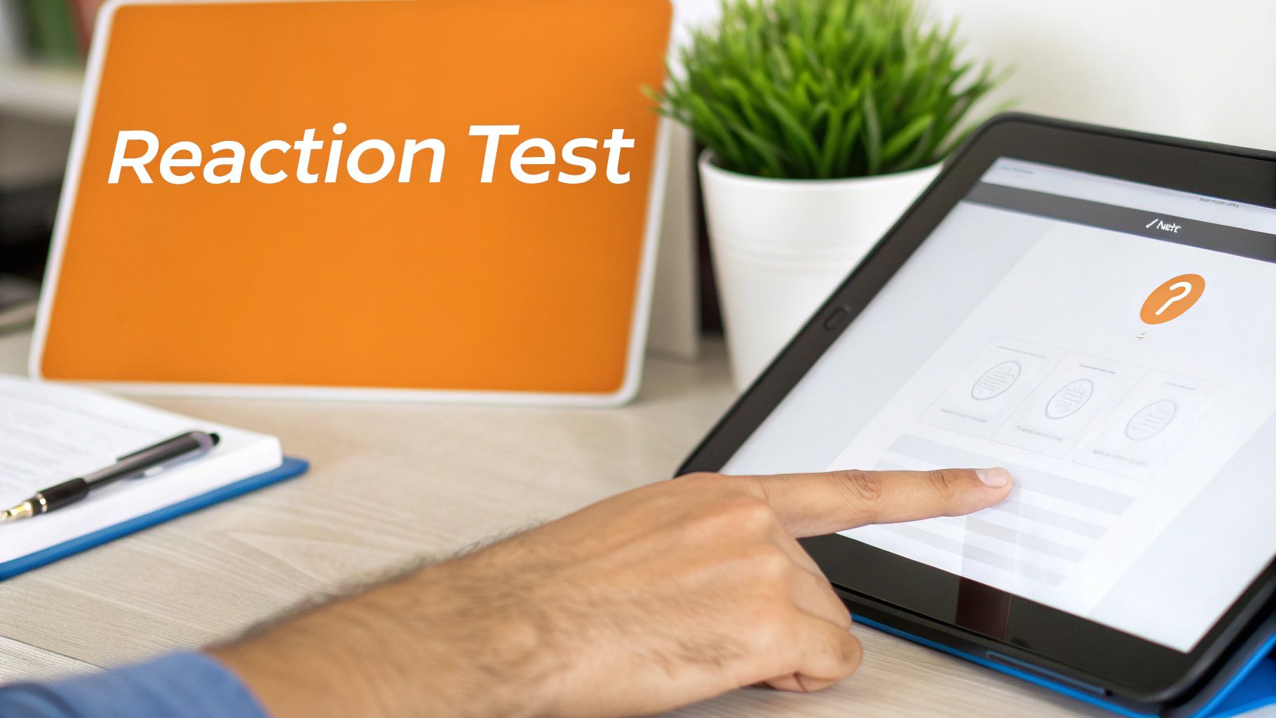 A person's hand taps a tablet displaying a reaction test, with an orange 'Reaction Test' sign in the background.