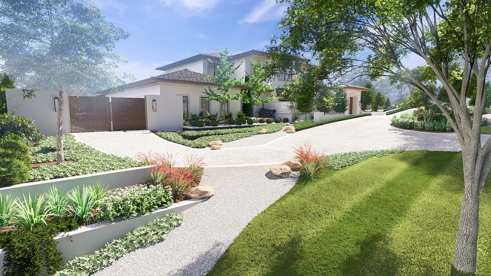 Front Yard and Curb Appeal Landscape Design in Westlake featuring native structured plants. Sloped topography. 