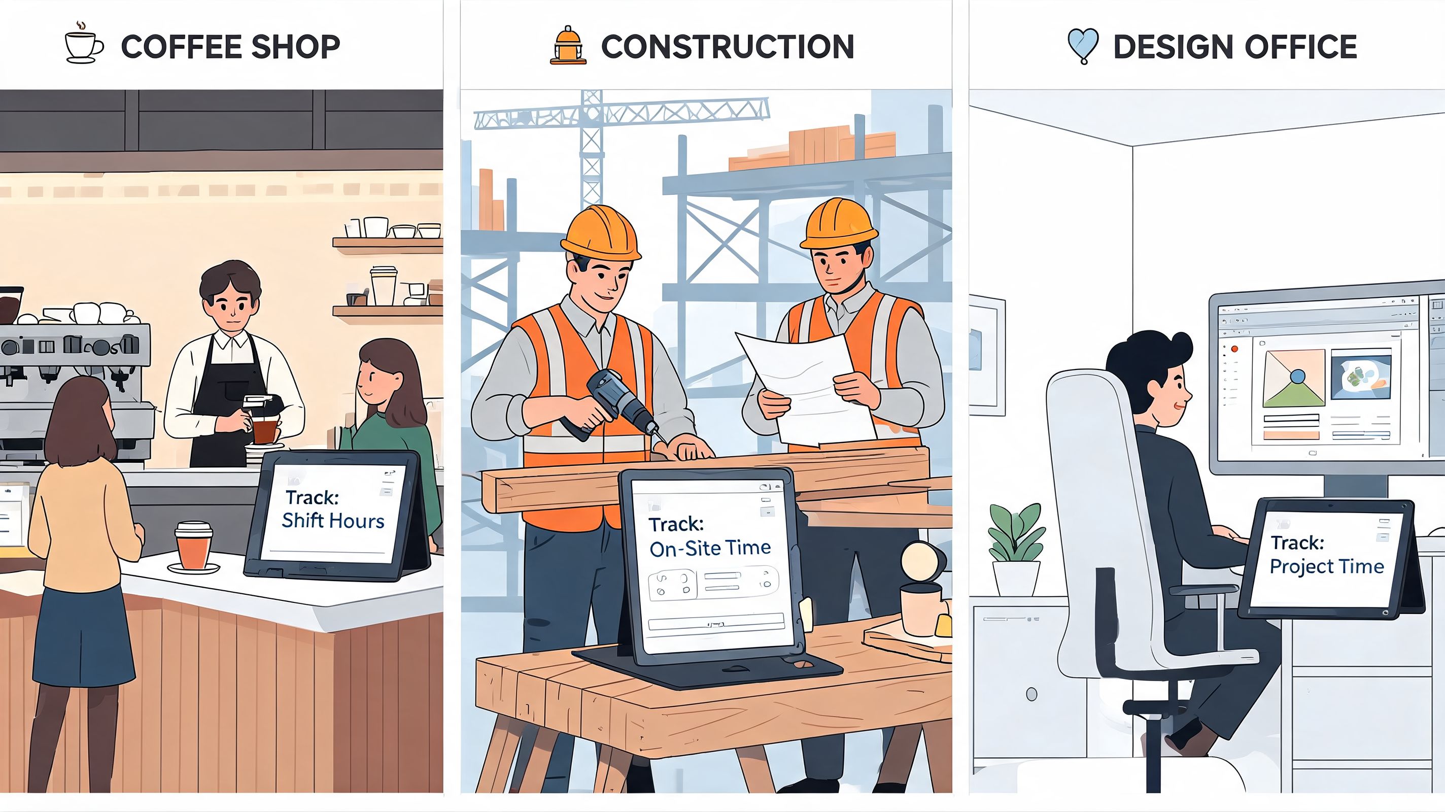 Three professional scenes showing time tracking software used in a coffee shop, construction site, and design office.