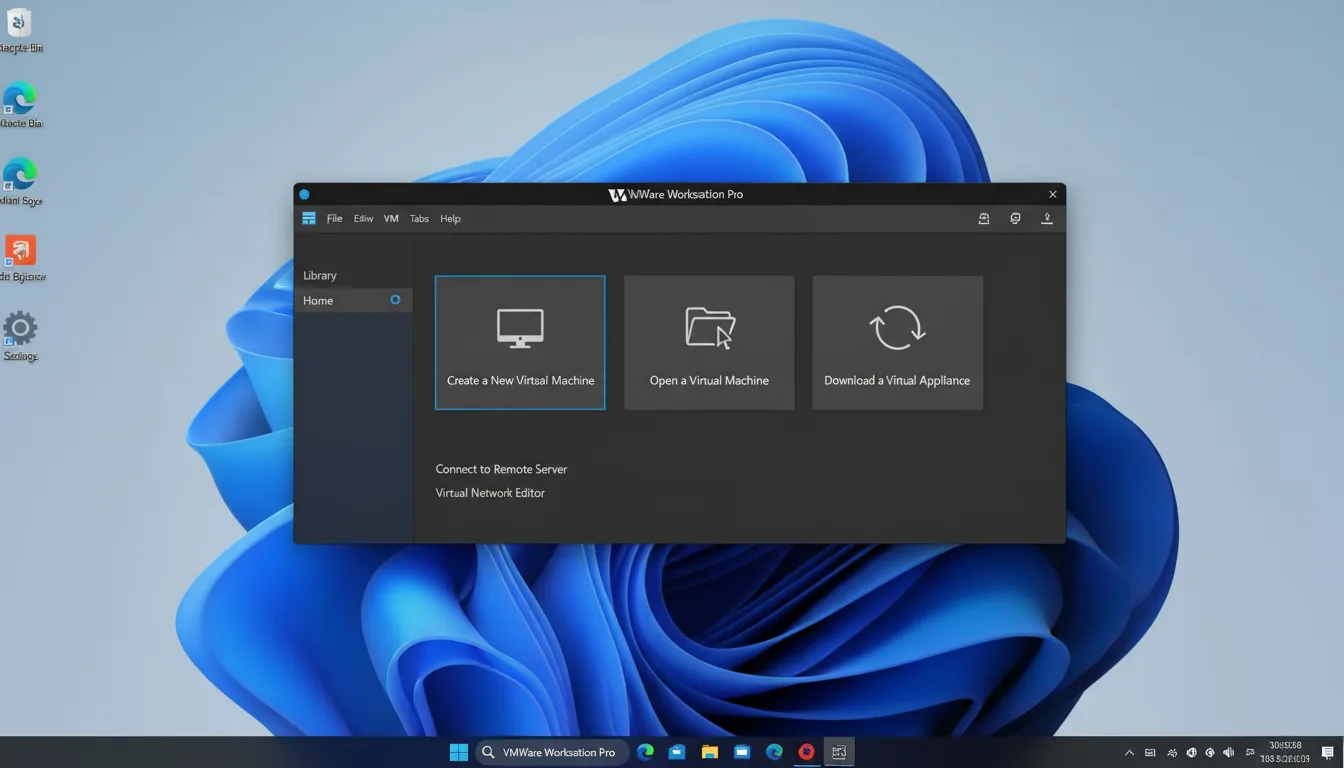 A high-resolution screen capture of a Windows 11 desktop, featuring the VMware Workstation Pro software application open in the center. The application uses a Modern Dark Mode theme with a clean, charcoal-gray interface. The main window is structured with a top toolbar, a left sidebar navigation panel, and a central pane with three large, square action buttons containing simple icons and abstracted text lines. The underlying desktop shows the default vibrant blue Windows 11 abstract wave wallpaper, with a column of UI icons on the left. The dark Windows 11 taskbar is at the bottom with centered application icons.