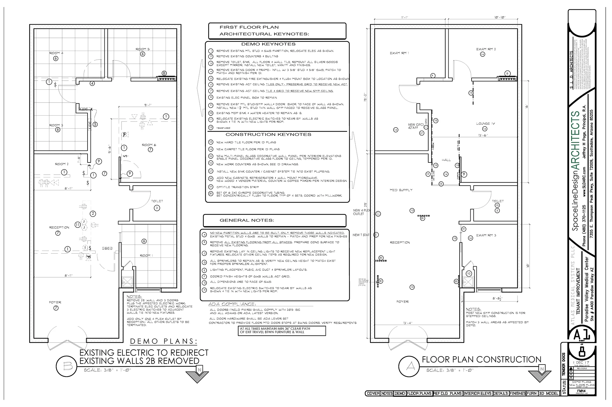 Floor plan by SpaceLineDesign for a medical office, showcasing detailed architectural notes.