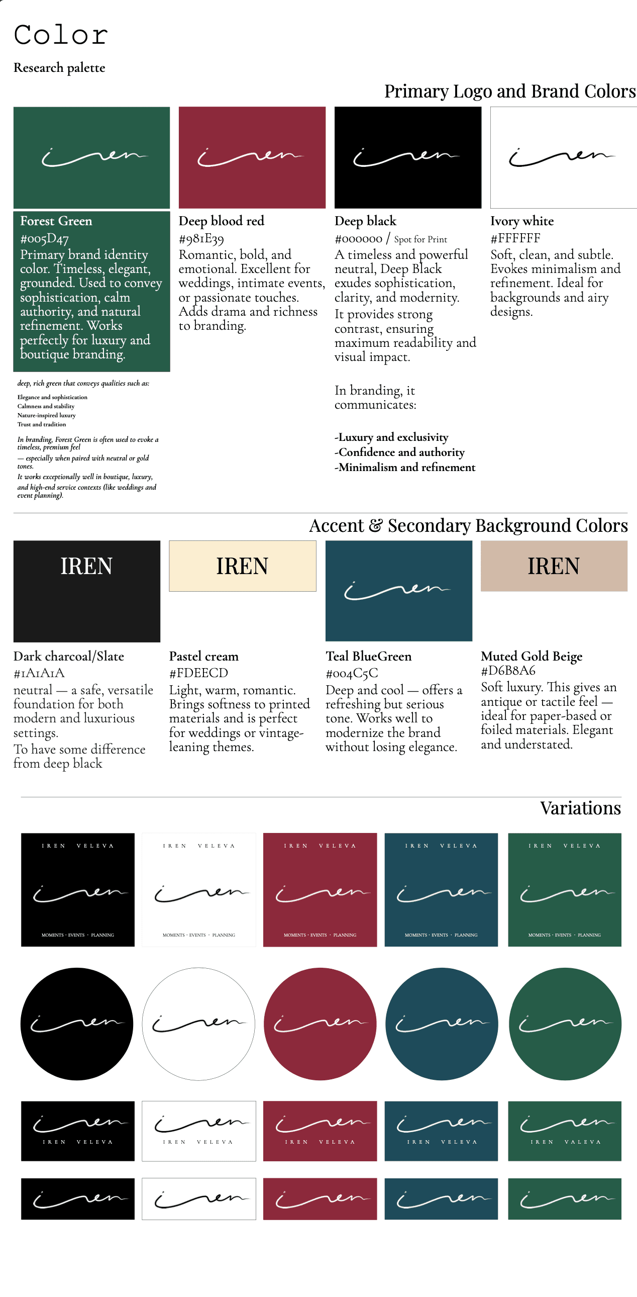 Първа концепция за цветова система и лого вариации за бранда на бутикова агенция за събития, показва основни, акцентни и фон цветове и ранни цветови интерпретации на логото като част от процеса по бранд идентичност и дизайн.
