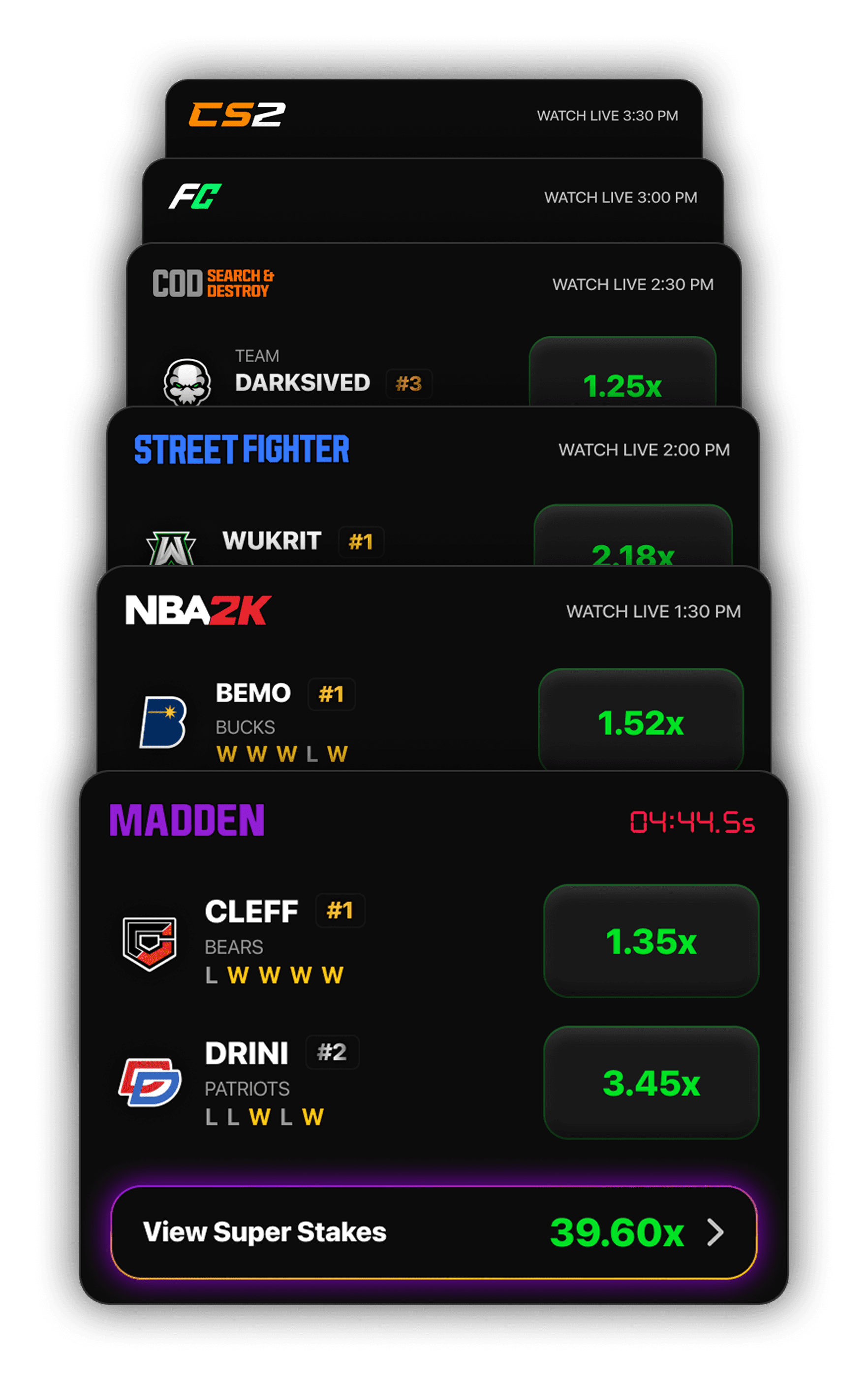 Live esports matches on 1v1Me showing CS2, EA FC, Call of Duty, Street Fighter, NBA 2K, and Madden with real-time staking odds and watch times