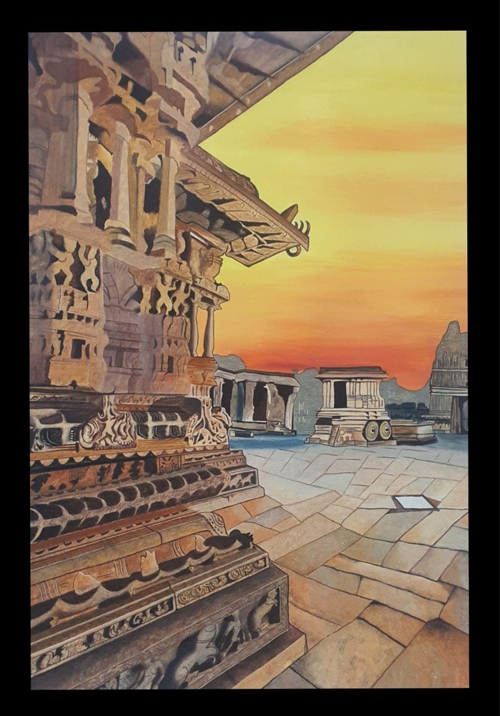 Poster color painting of an ancient stone temple with detailed architecture at sunset.