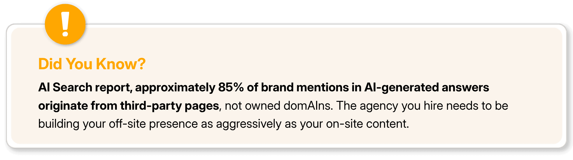 Stat showing 85% of brand mentions in AI search use third-party pages.