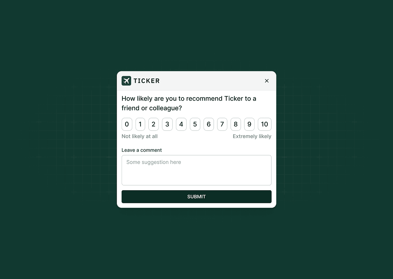 Modal window with text How likely are you to recommend Ticker to a friend or colleague?