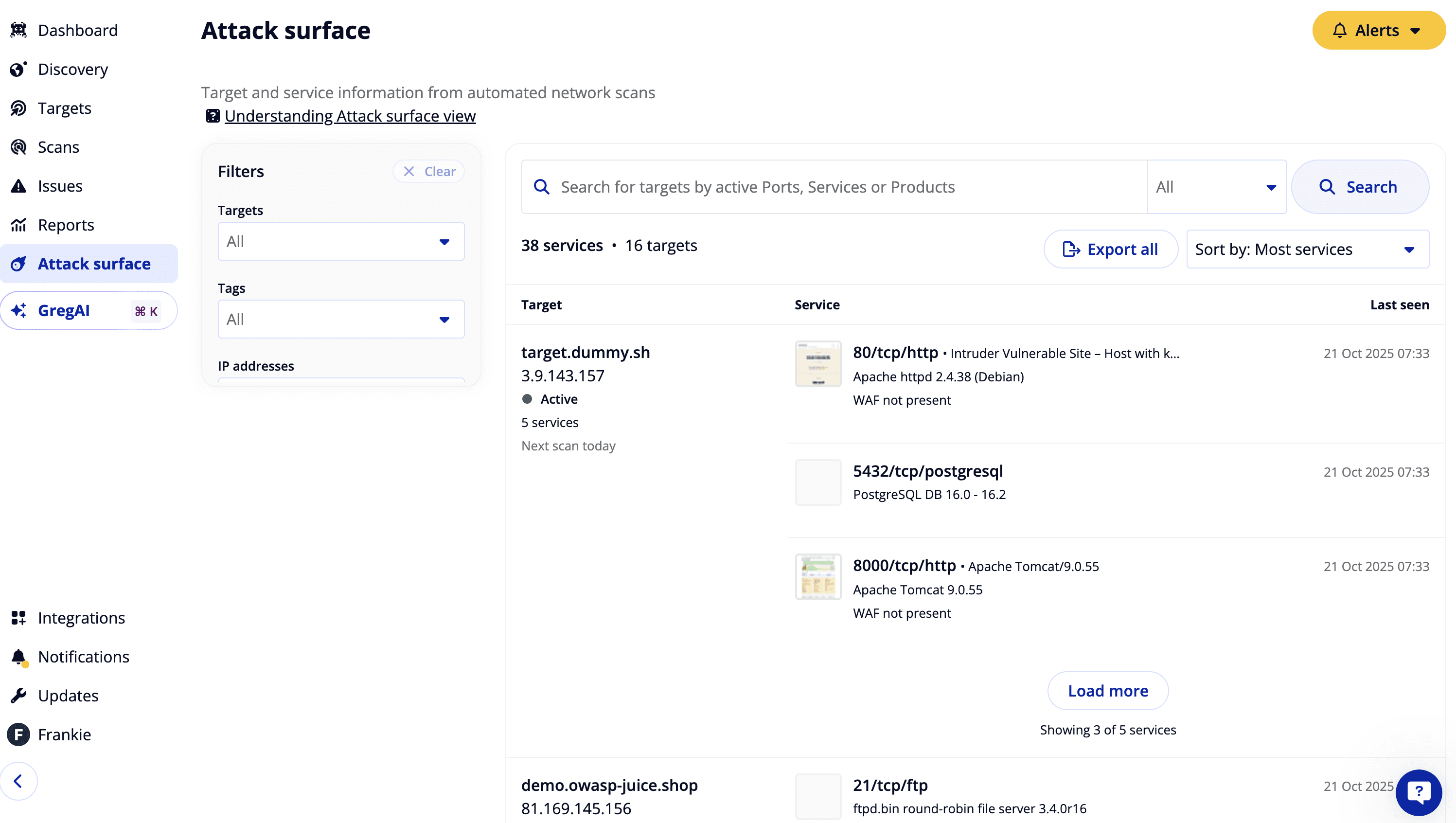 Intruder Attack Surface view showing target filters, exposed services, port details, first-seen data, and next-scan timing