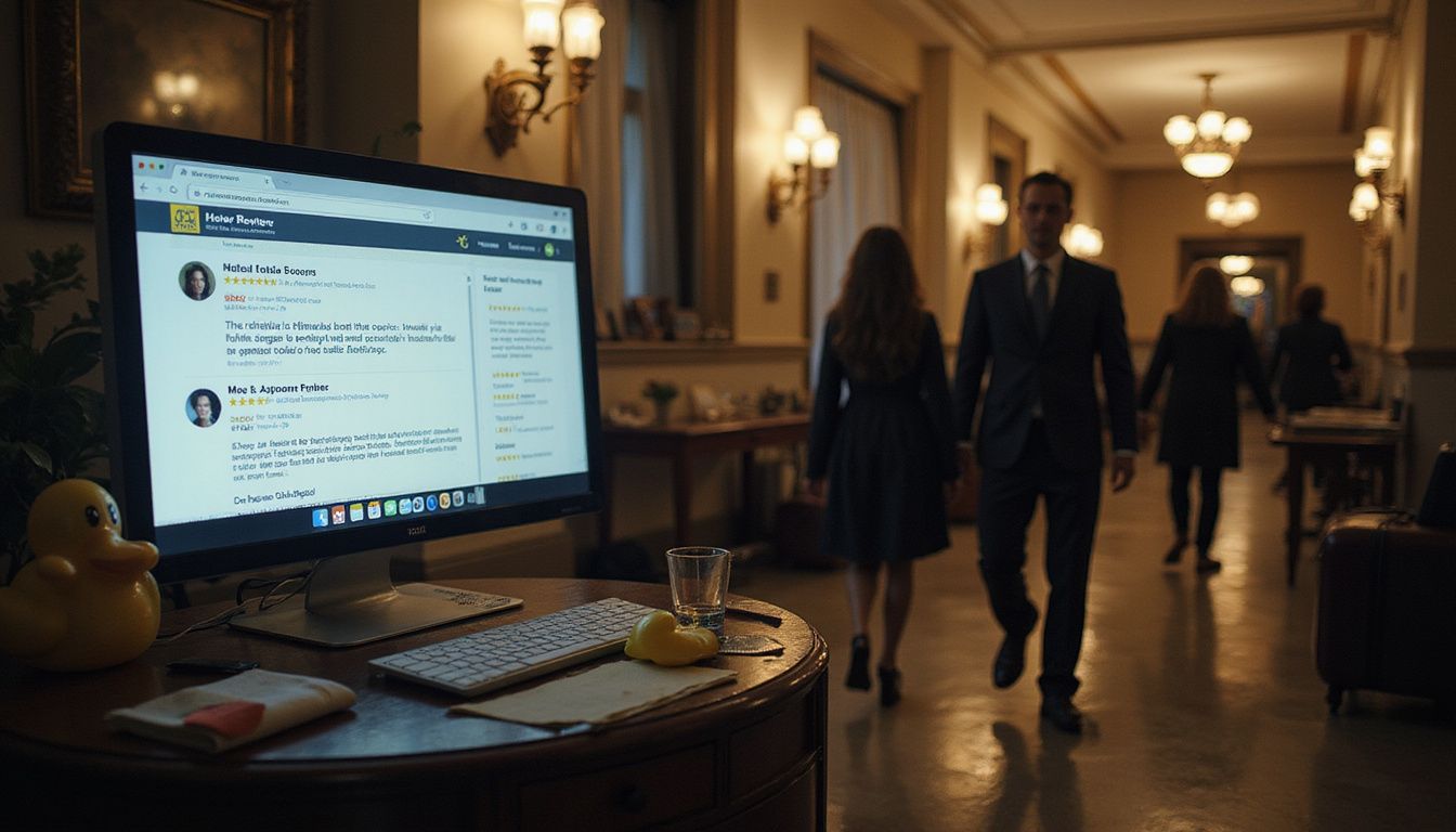 A humorous hotel review page highlights absurd reviews, while quirky guests navigate a lively and eccentric hotel lobby.