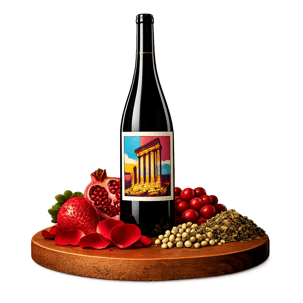 Artistic label and flavor profile for Bekaa Valley Cinsault on a rustic wooden table.