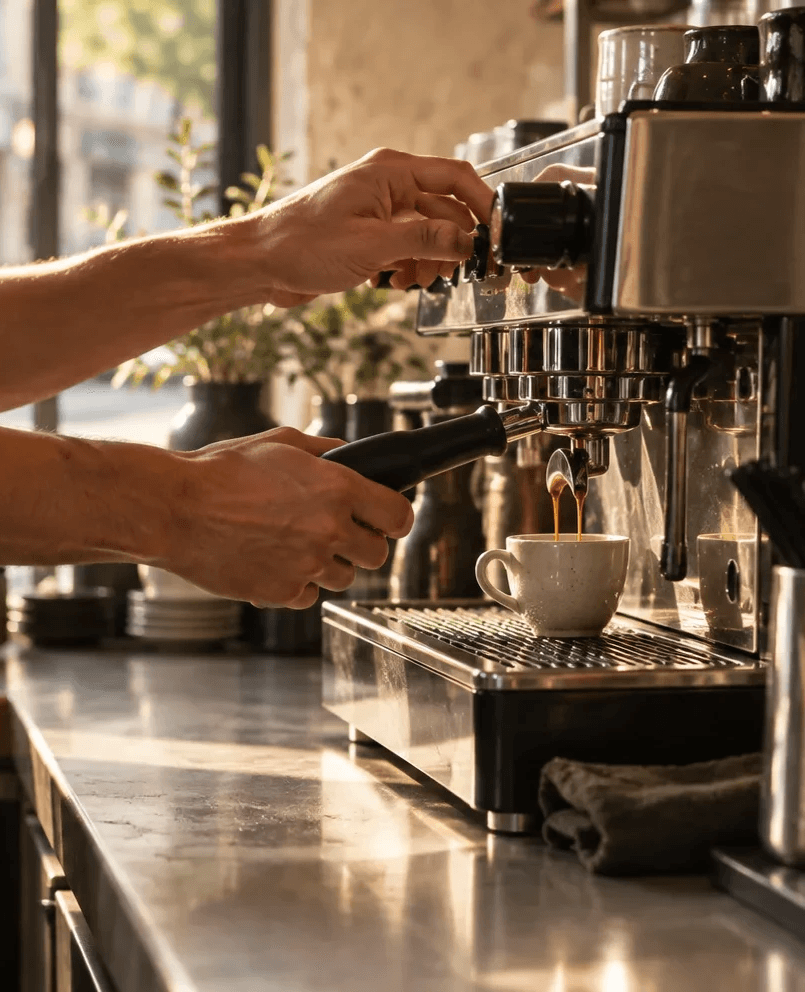 Barista pulling an espresso shot at the counter machine