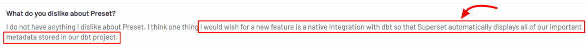 Preset.io user review mentioning lack of native dbt integration