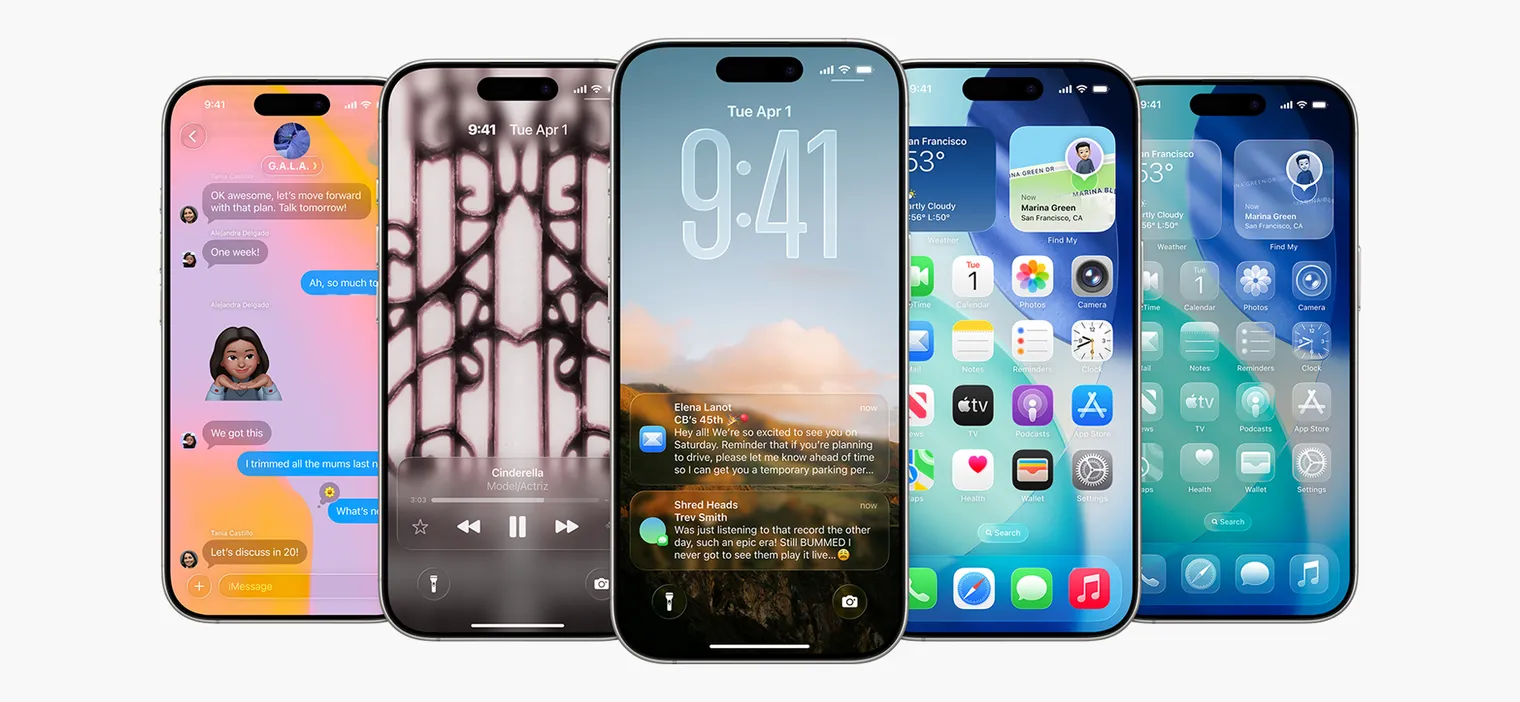 The image displays five modern smartphones with various colorful and dynamic home screens, showcasing different apps, widgets, and notifications, emphasizing their advanced technology and sleek design.