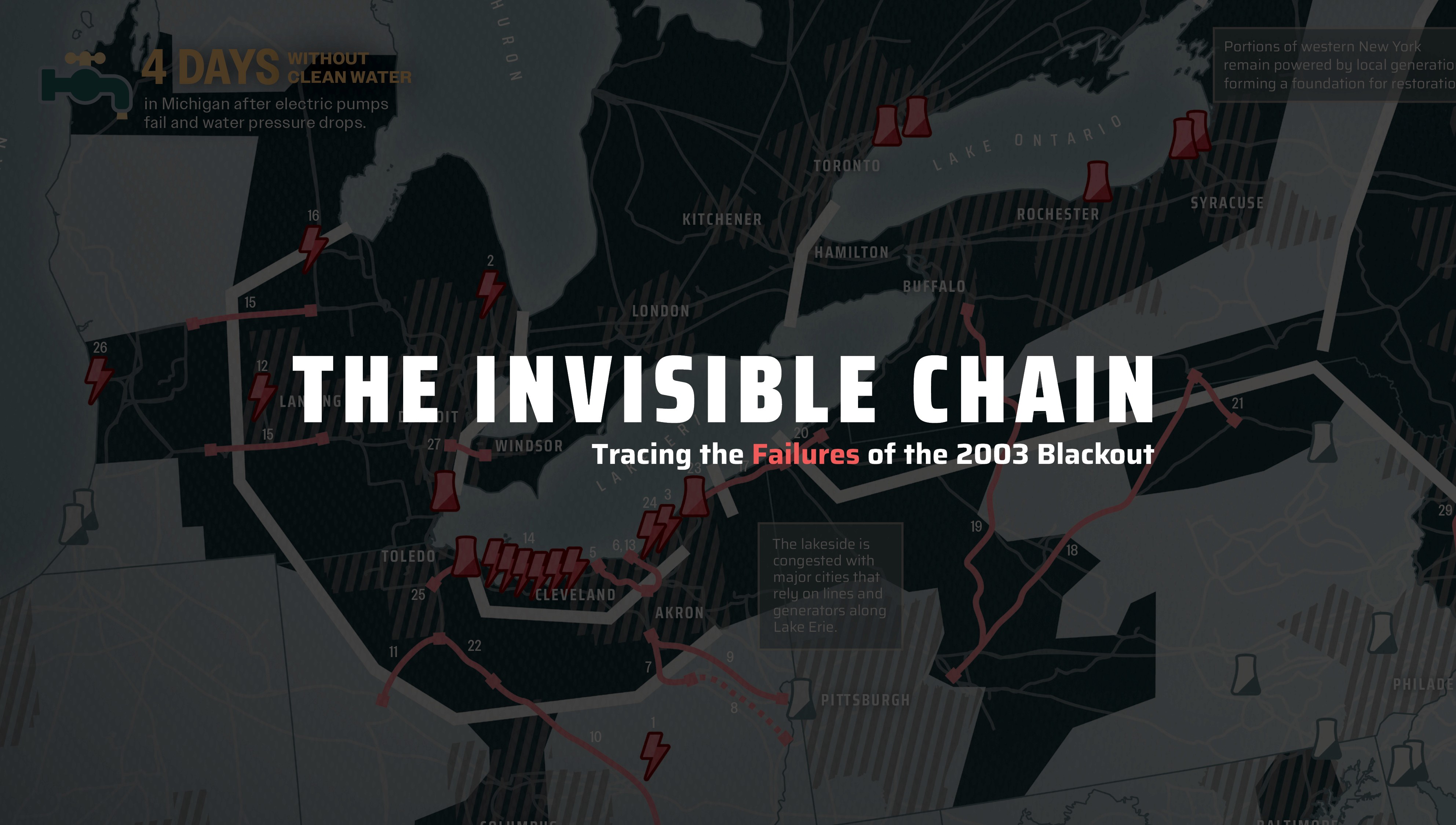 The Invisible Chain poster splash screen with close-up of map annotations tracing the failures of the 2003 blackout.