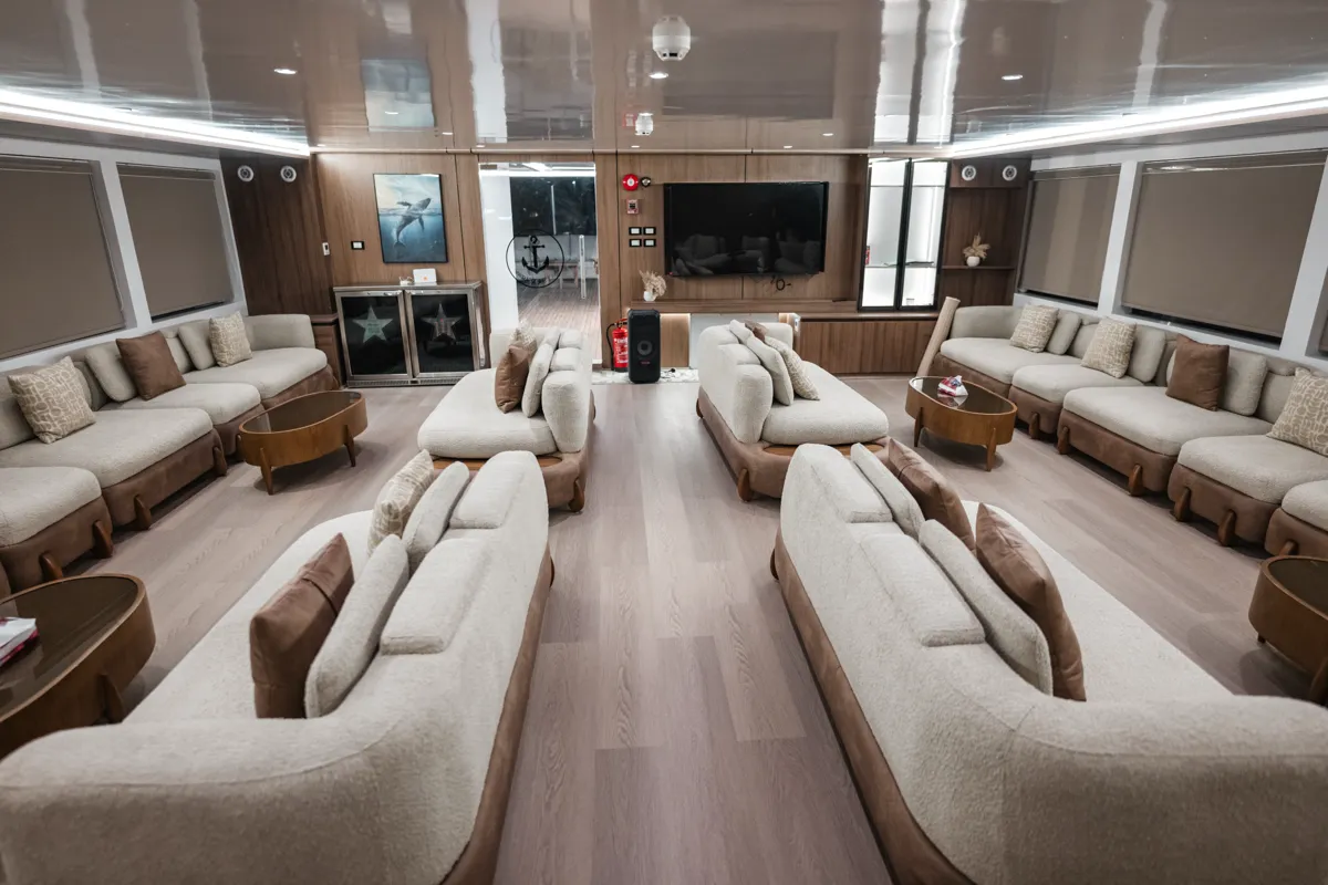 Spacious lounge on the Sea Treasure yacht