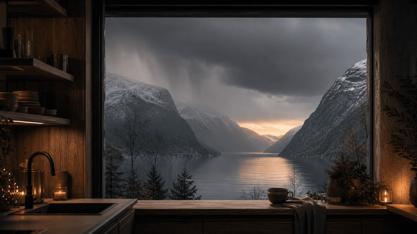 Dark storm clouds above a fjord seen through a kitchen window