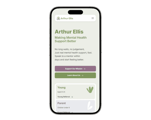 iPhone mockup facing straight on, with the new Arthur Ellis website on.