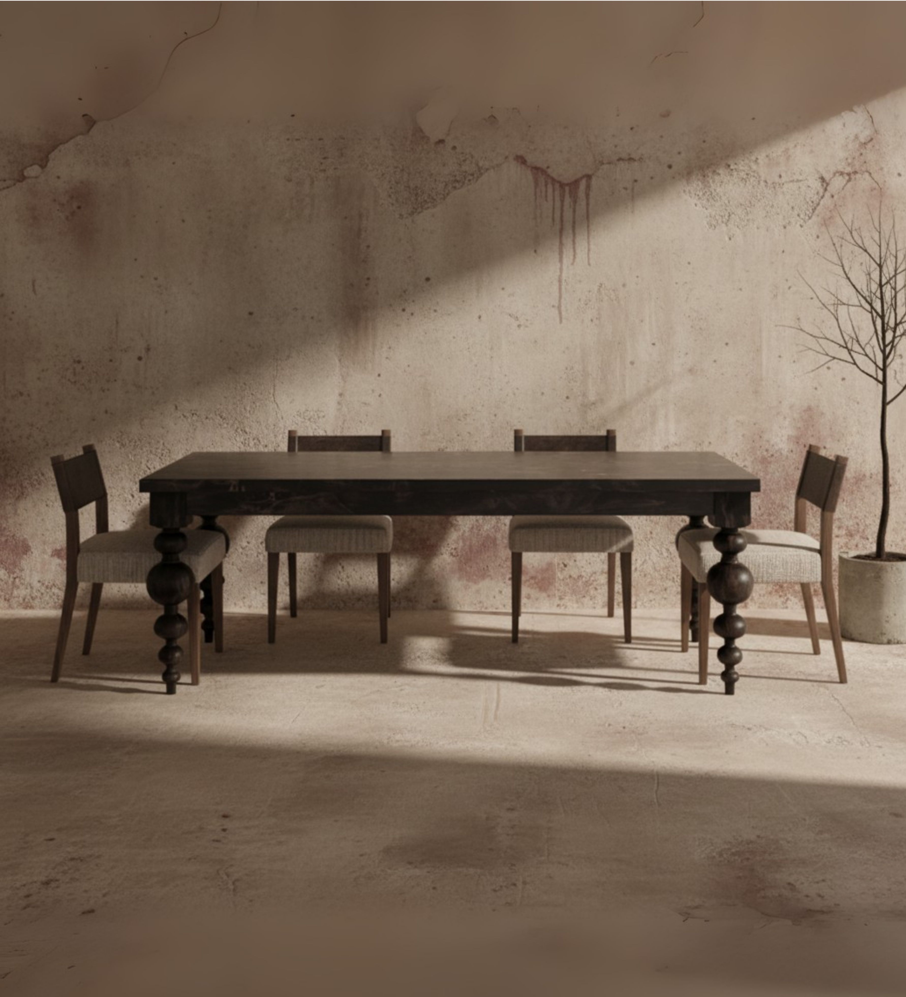 Dark wooden dining table with turned legs and straight‑back dining chairs