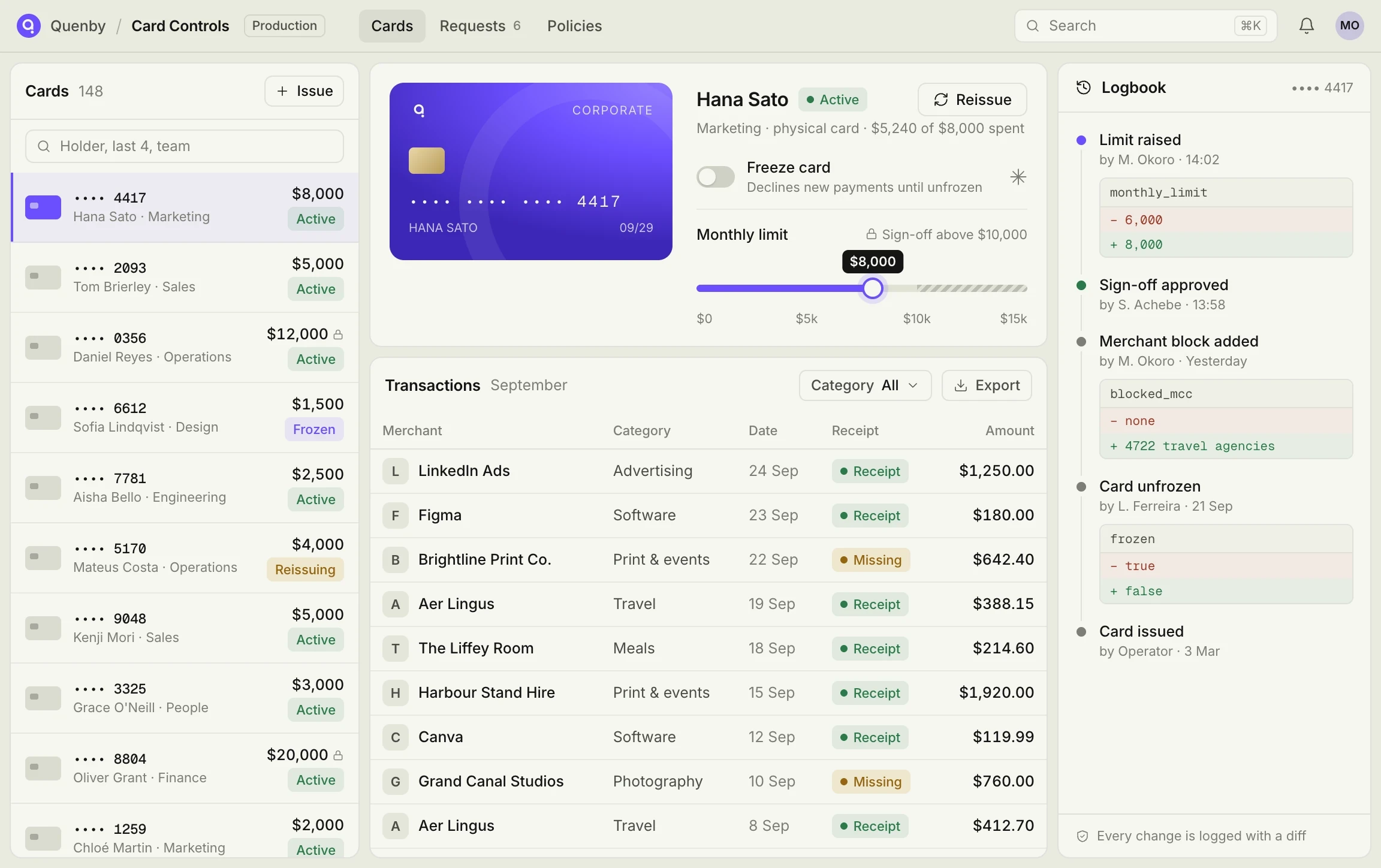 Card Controls app: corporate cards with limits, a freeze toggle, recent transactions and a Logbook side rail.