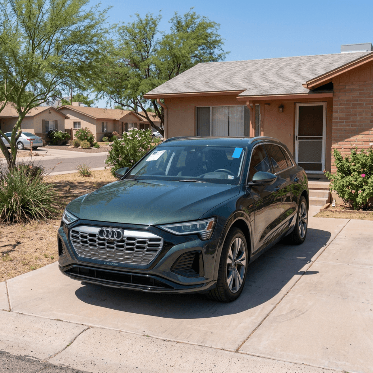 Dark green Audi Q8 e-tron with expertly fitted windshield glass at a Fountain Hills, AZ desert residence