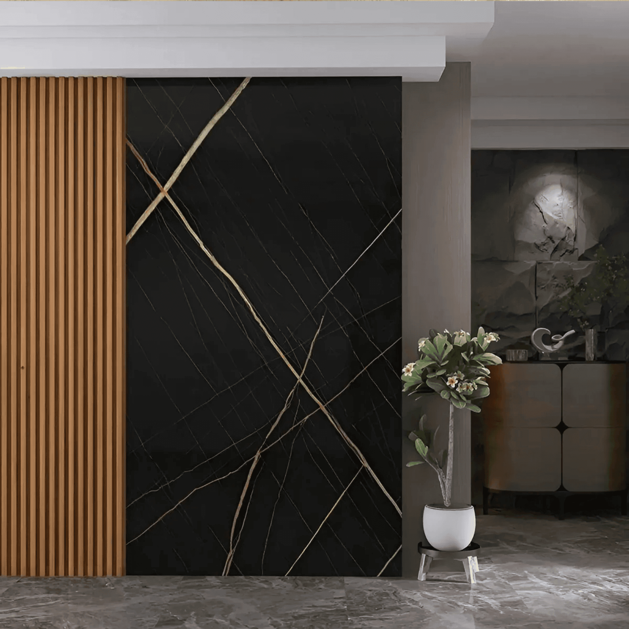 Revestimiento PVC símil mármol negro Mirage pared premium | SRJ Tu Hogar Uruguay