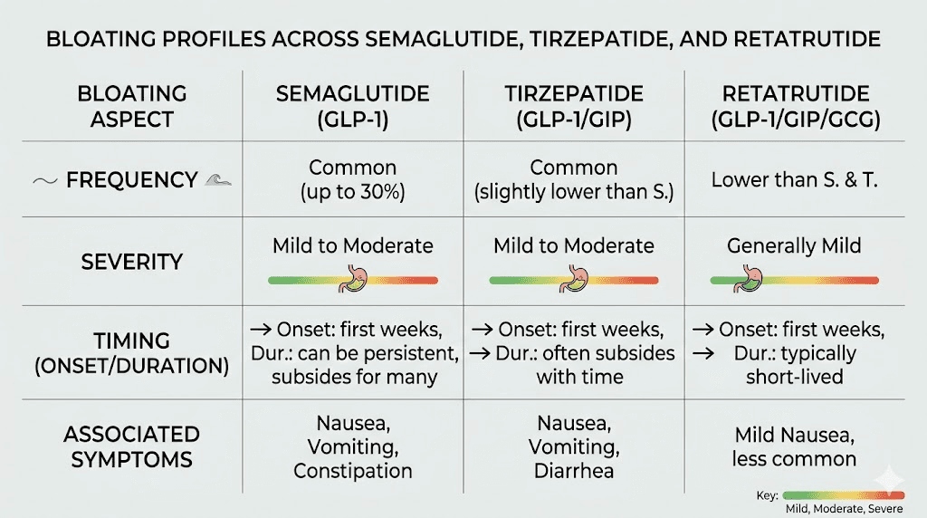 GLP-1 medication bloating comparison chart for semaglutide tirzepatide and retatrutide