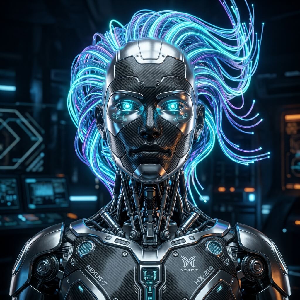 A bust of a futuristic humanoid made of brushed chrome and carbon fiber, glowing fiber-optic "hair," intricate mechanical neck joints, Octane render.