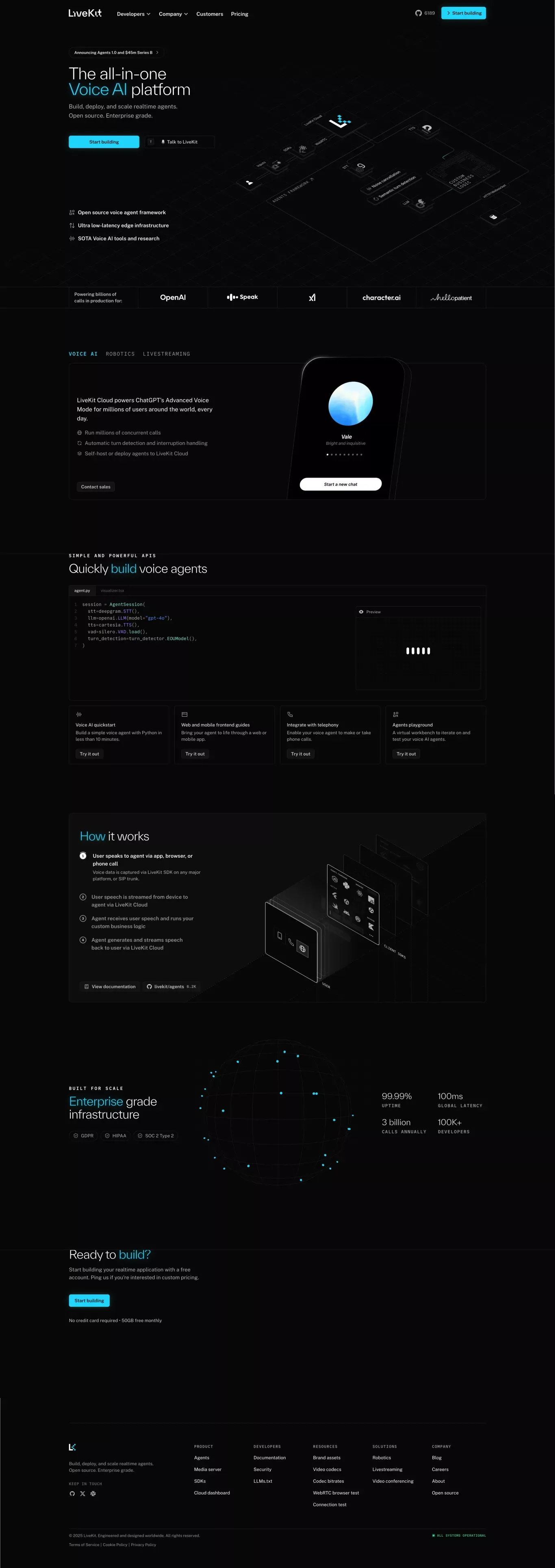 LiveKit landing page screenshot showcasing AI and Tech design