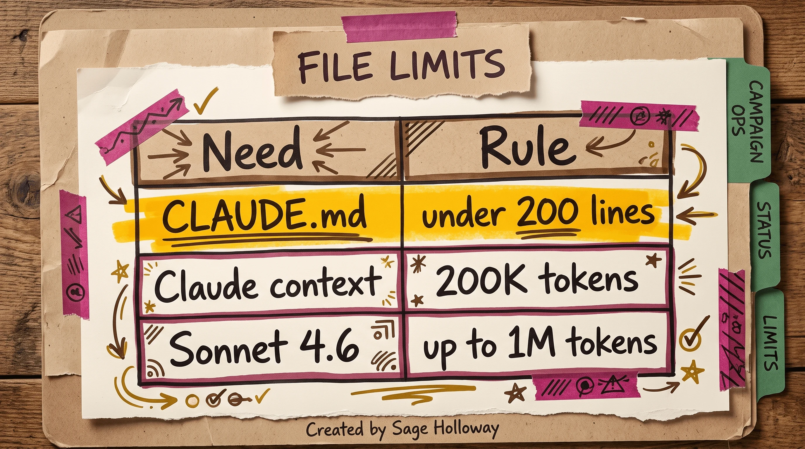 Table of CLAUDE.md 200-line cap and Claude 200K plus Sonnet 4.6 1M context limits