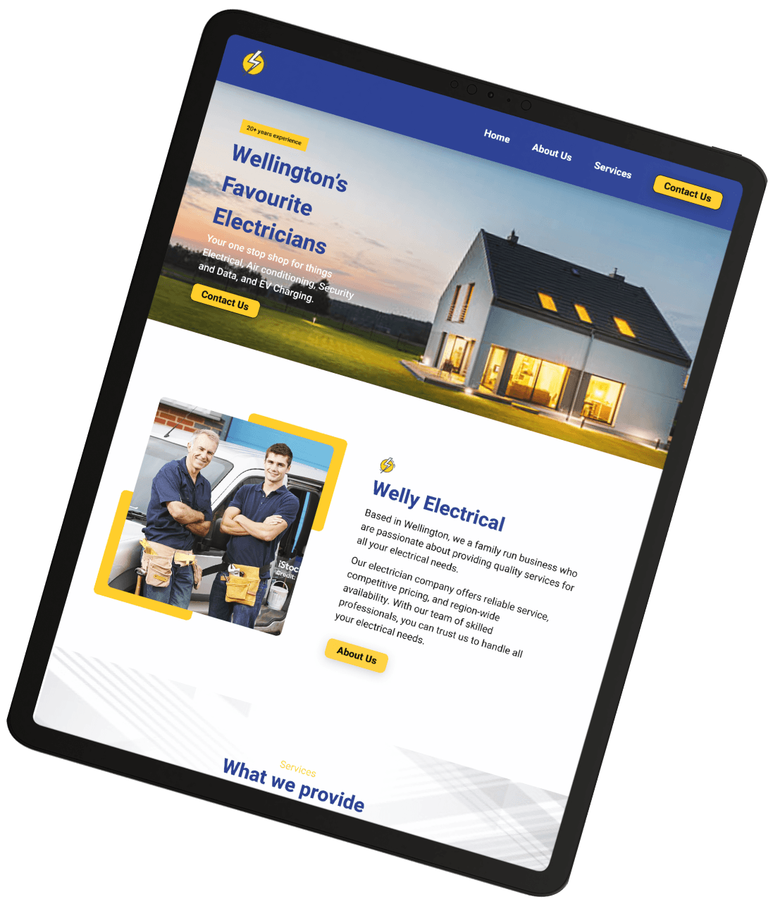 Screen capture of a website design for a Electrician