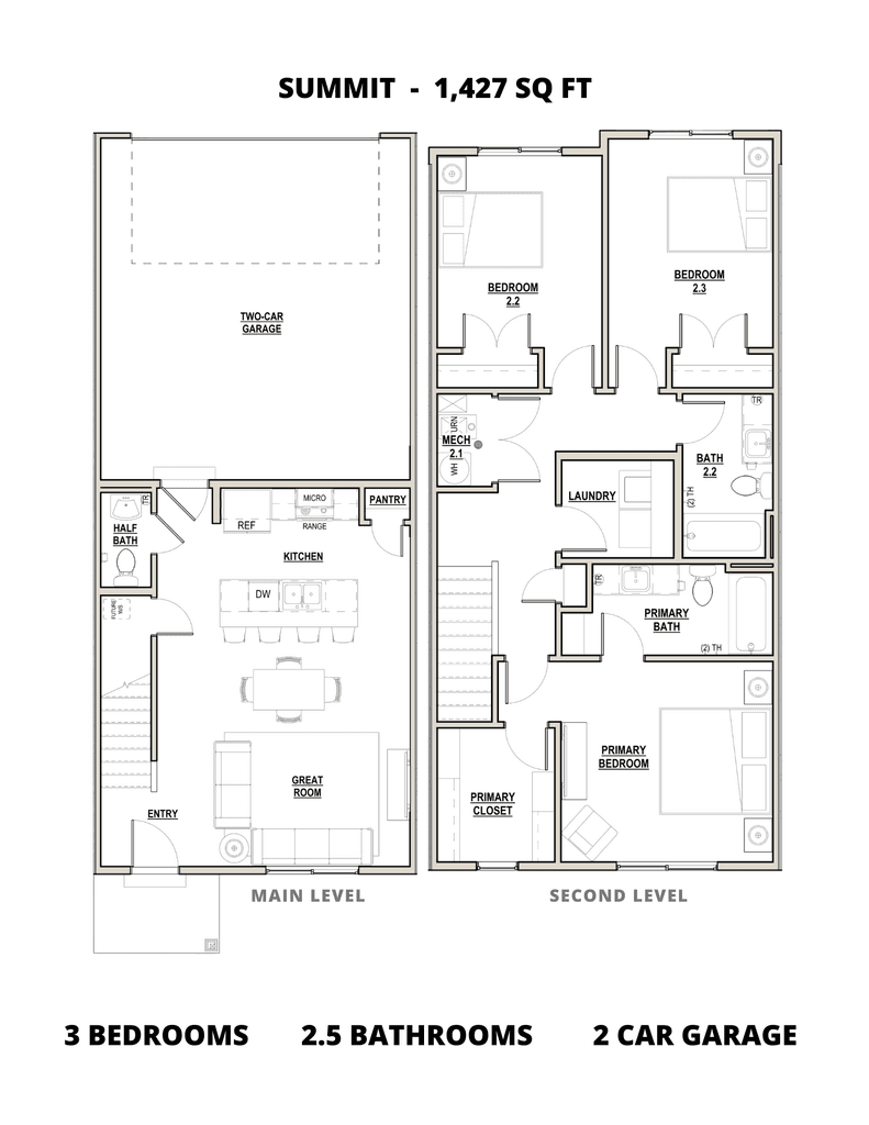 Summit floor plan diagram, 3 bed 2.5 bath 1,427 sq ft