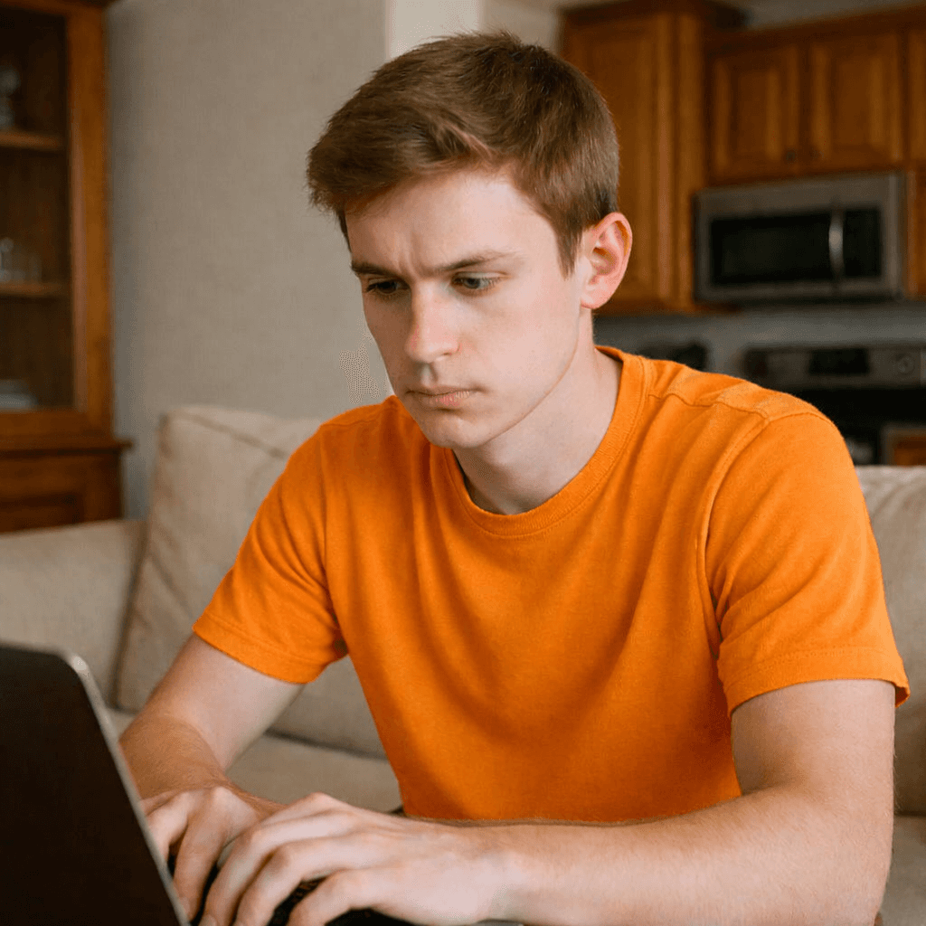Student with brown shirt studying at home