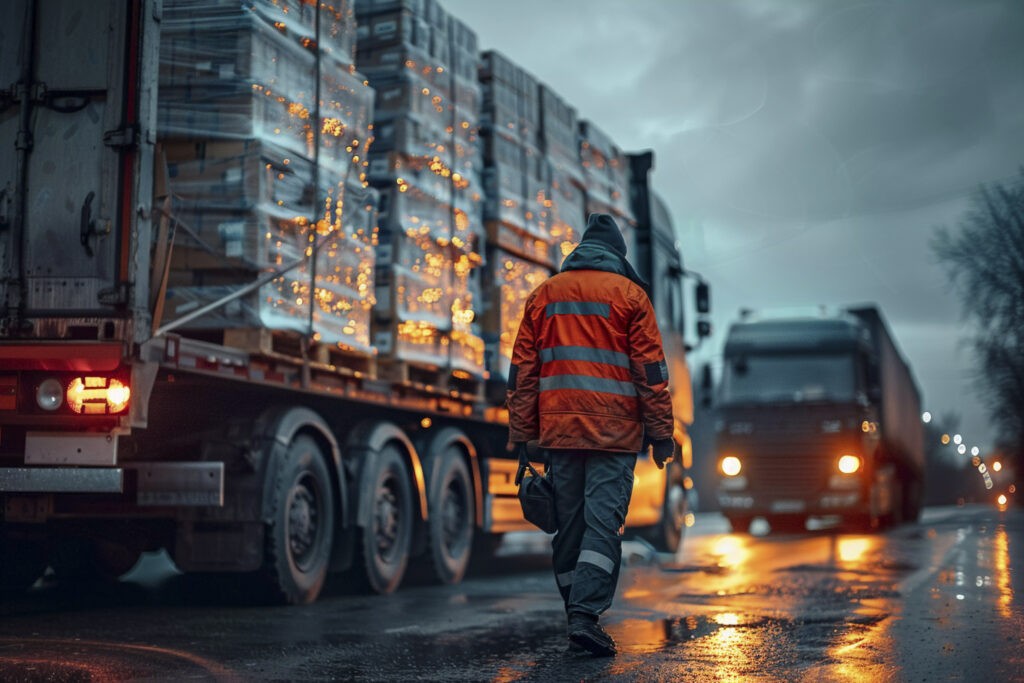 Truck navigating a flooded road detour, representing the challenges hauliers face during extreme weather events.