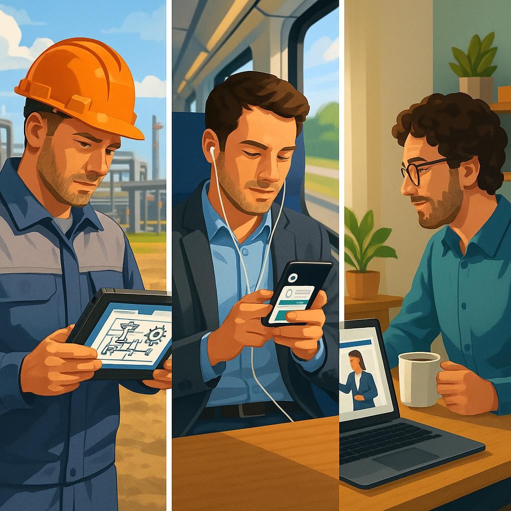 A dynamic, multi-panel image, or a composite image, depicting three distinct individuals in different work or life scenarios, each actively engaged in mobile learning on a personal device. Panel 1: A field technician, wearing practical work attire, is viewing a technical diagram or instructional video on a ruggedized tablet at an outdoor job site. Panel 2: A young professional, perhaps during a commute on a train or bus, uses a smartphone to complete a short, interactive quiz or read a microlearning module. Panel 3: A remote office worker, dressed casually, is watching a professional development video on a laptop or large tablet in a comfortable home office setting, perhaps during a coffee break. The overall style is modern and professional, using vibrant colors and clear imagery to convey the idea of flexible, accessible learning that fits into diverse schedules and locations. The purpose is to visually demonstrate how mLearning breaks down time and geographic barriers, enabling continuous professional development for a busy, distributed workforce.